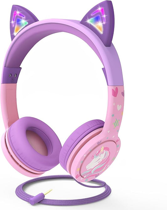 FosPower Kids Headphones with LED Cat Ears (85dB Safe Volume Limit), 3.5mm Soft On-Ear Wired Headphones with Tangle-Free Laced Cables for iPad/Tablet/School/Travel - Baby Pink/Lavender
