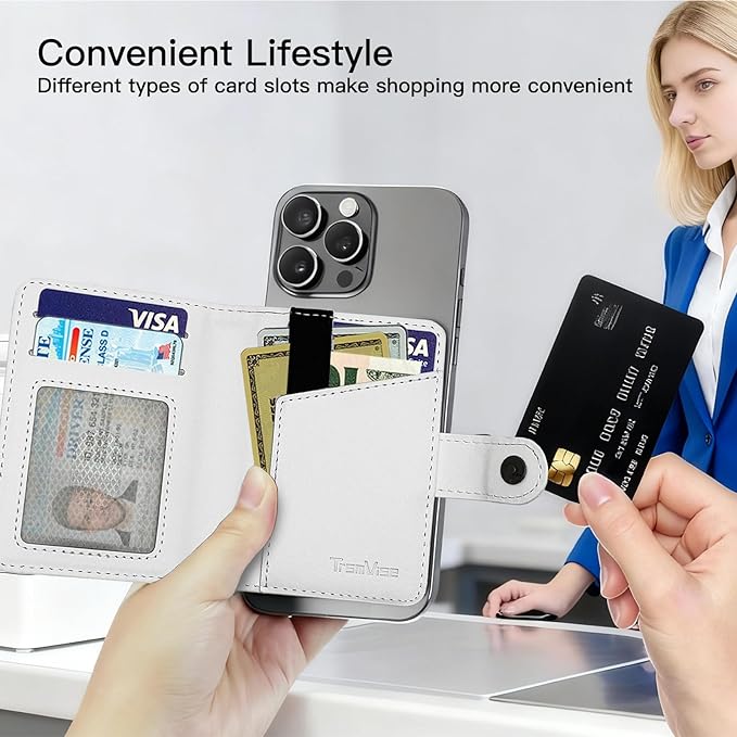 for MagSafe Phone Wallet Magnetic Card Holder for iPhone 17/16/15/14/13/12/Pro/Max/Plus,RFID Blocking Strong Magnet Wallets for MagSafe Phones and Cases,Hold 5 Cards,Strap Stand Leather White