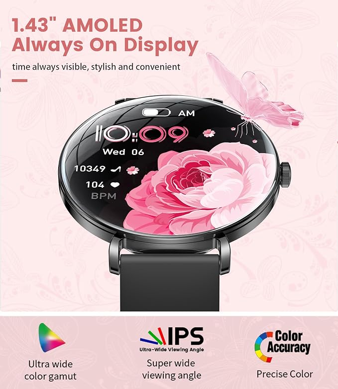LIGE Ultra-Thin Smart Watch for Women(Answer/Make Calls),1.43" Always-on Display Smart Watch with Heart Rate,Clories Tracker 100+ Sports Modes, Women Smartwatch for Android iOS (Black-FV17-H)