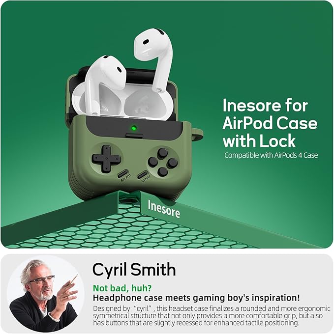 Inesore for Airpods 4 Case with Lock,Compatible with Airpods 4 with Active Noise Cancellation Cases,Classic Cool Funny Game Console Air pods4 Case Cover for Men Boy with Cleaner Kit(Green)