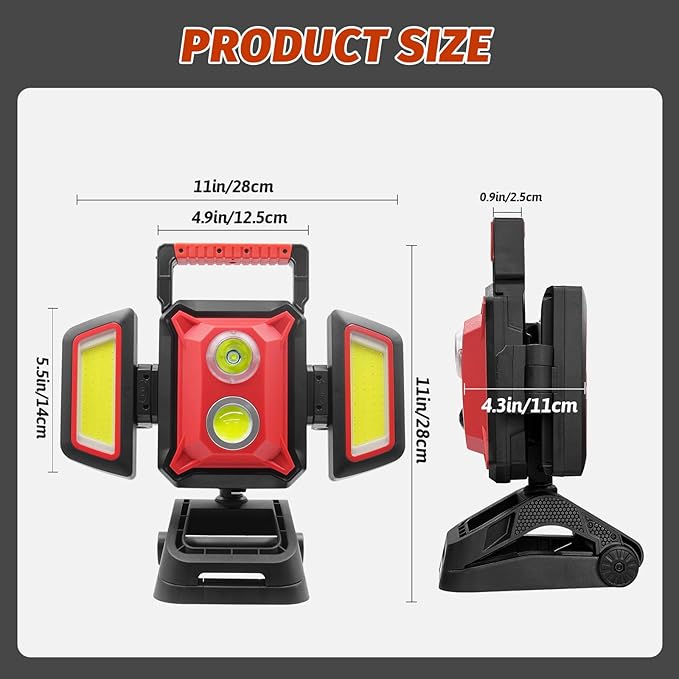 Rechargeable Work Light, 4000LM Magnetic Work Light with Clamp and Tripod Mount, 5 Modes Portable Cordless Flood Light for Outdoor, Construction Site, Workshop, Camping, Car Repairing