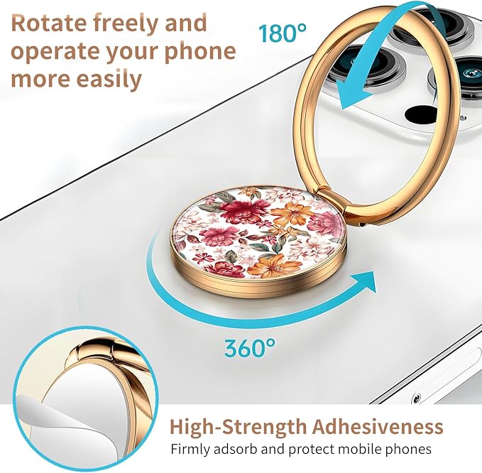 Cell Phone Ring Holder, Cute Metal Phone Grip Stand Finger Ring Kickstand, Flexible 360°Rotation Phone Tablet Case Accessories Compatible with Most Phones Luxury Red Flowers