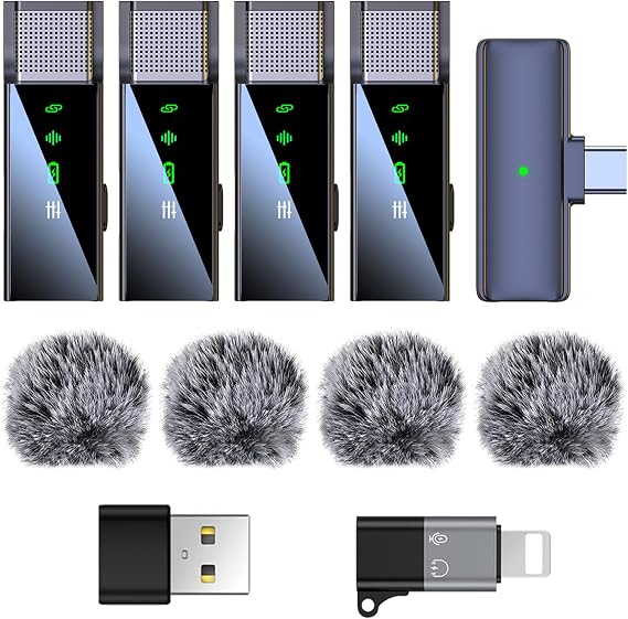 4 Pack Wireless Lavalier Microphone for iPhone Android Phone Pad PC