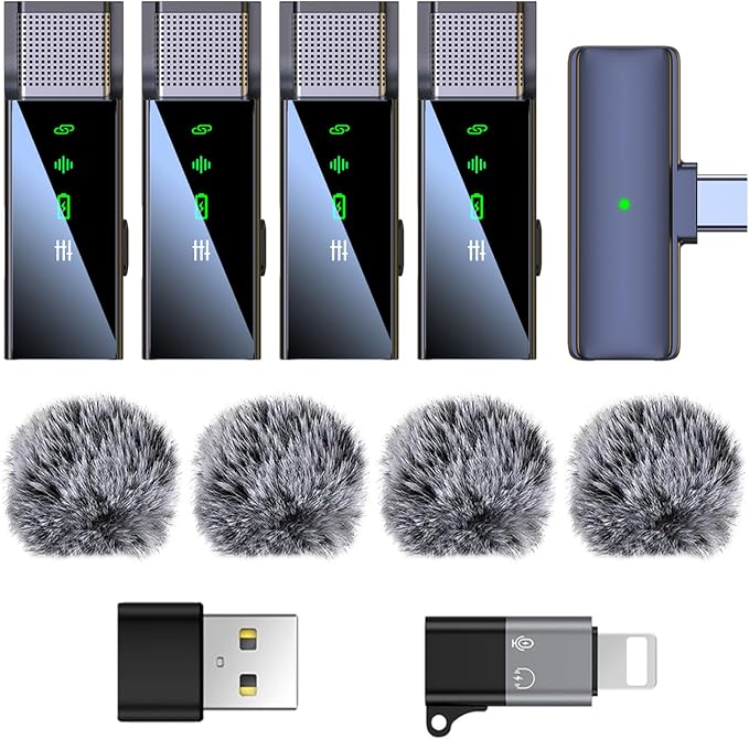4 Pack Wireless Lavalier Microphone for iPhone Android Phone Pad PC