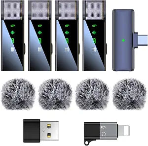 4 Pack Wireless Lavalier Microphone for iPhone Android Phone Pad PC