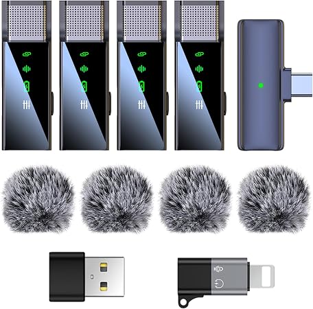 4 Pack Wireless Lavalier Microphone for iPhone Android Phone Pad PC