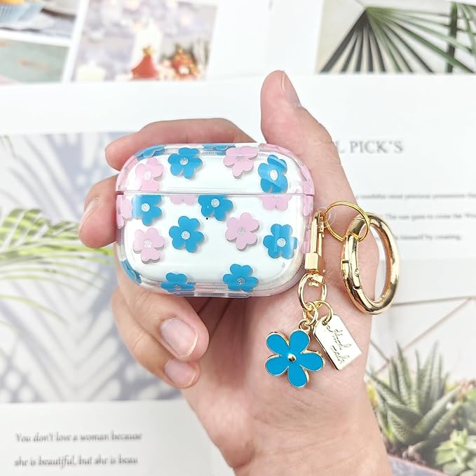 Compatible with AirPods Pro 2 Case Cover 2022, Soft TPU with Cute Flower Pattern for AirPods Pro 2nd/1st Generation Case with Flower Keychain and Carabiner for Girls Women (Blue)