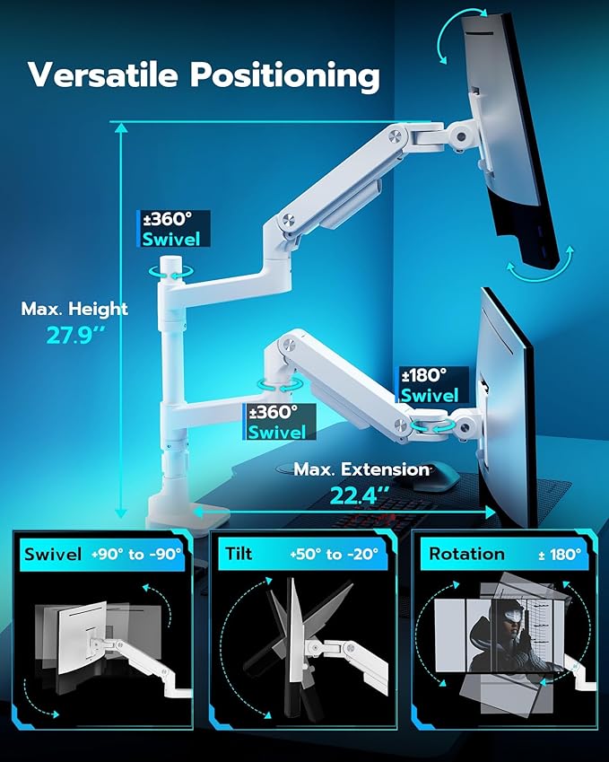 ARES WING Dual Monitor Stand for Ultrawide Heavy Duty Curved Monitor Stacking, Fits 17-49 Inch, Vertical Gas Spring Double Monitor Mount with USB, Adjustable Dual Monitor Mount for Desk, White