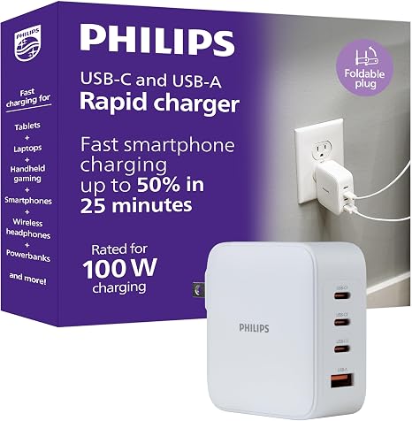 Philips USB C Fast Charger, 100W, 4-Ports, 3 USB-C, 1 USB-A, Foldable Plug