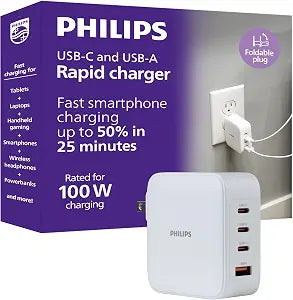 Philips USB C Fast Charger, 100W, 4-Ports, 3 USB-C, 1 USB-A, Foldable Plug