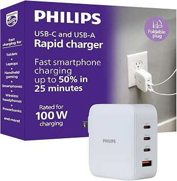 Philips USB C Fast Charger, 100W, 4-Ports, 3 USB-C, 1 USB-A, Foldable Plug