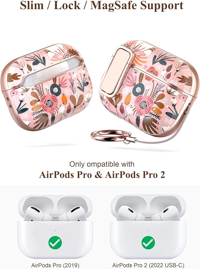 TATOFY for AirPods Pro 2nd Generation Case with Lock Carabiner Cleaner, Slim AirPod Pro 1st & 2nd Hard Case Cover, Compatible with MagSafe (Pink)