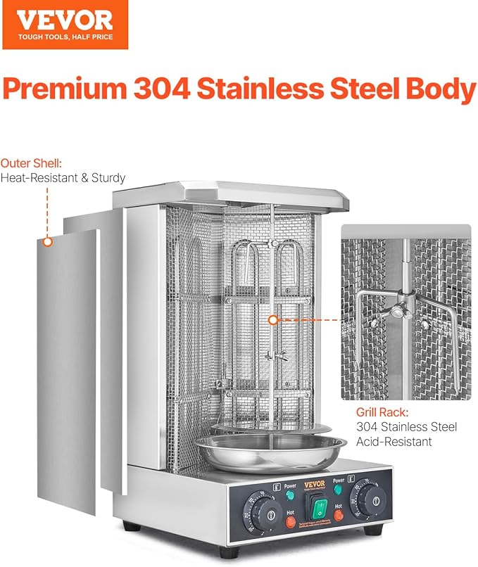 VEVOR Shawarma Grill Machine, 122°F-572°F, 13lbs Capacity, Chicken Shawarma Cooker Machine with 2 Burners, Stainless Steel, Electric Vertical Broiler Gyro Rotisserie Oven for Home and Commercial Use