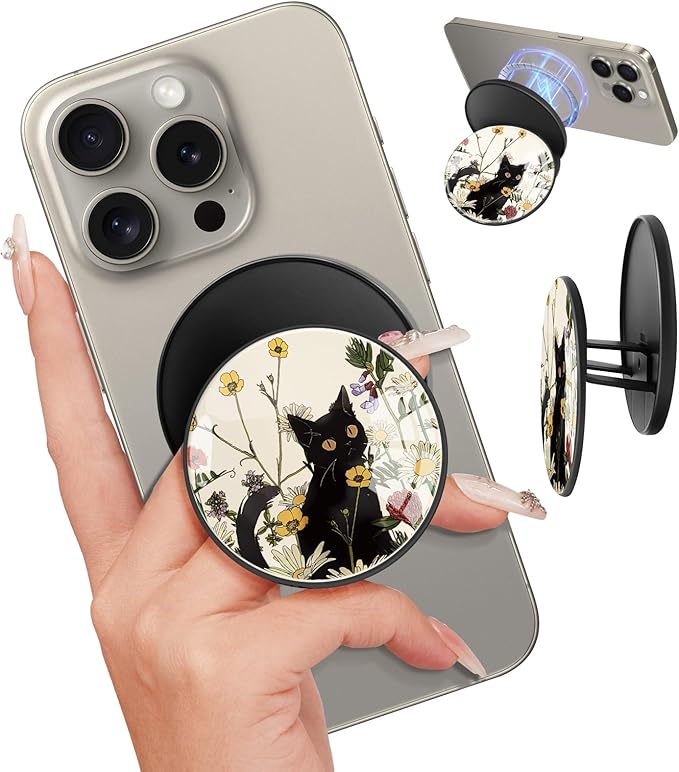 Kidcube Magnetic Phone Grip Compatible with Magsafe - Cell Phone Grip Stand Magnetic Ring Holder Finger Kickstand for iPhone 17 16 15 14 13 12 Series Magnet Removable Accessories Cute Black Cat Flower