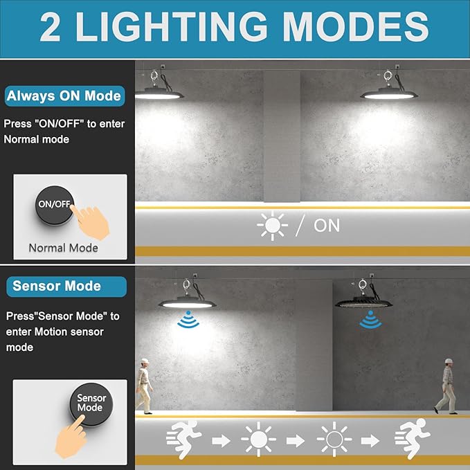Lightdot Smart LED High Bay Light 300W 45000lm Commercial Bay Lighting 5000K AC100-277V UFO LED High Bay Shop Lights with Remote Control Supports Normal Mode & Motion Mode-6Pack