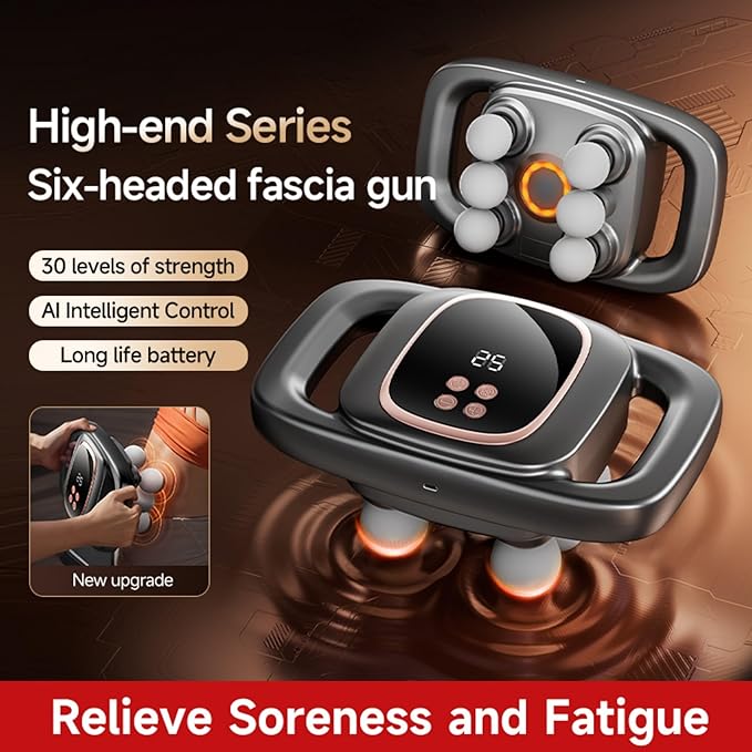6-Head Massage Gun, Deep Tissue Back Massager with 30 Levels & 3 Modes, Electric Percussion Massager for Thighs, Arms, Waist, Back, Full Body Muscle Pain Relief, Ideal Gifts for Women and Men (6)