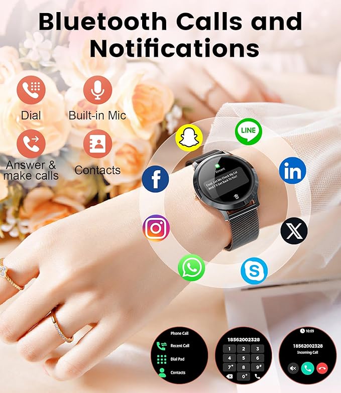 DREMAC Smart Watch(Make Call/Thin),1.32'' Amoled Curved Display for Android iPhone,Smart Watches for Women with Heart Rate Monitor,Sleep Monitor,Pedometer,IP68 Waterproof Fitness Tracker,Black Metal
