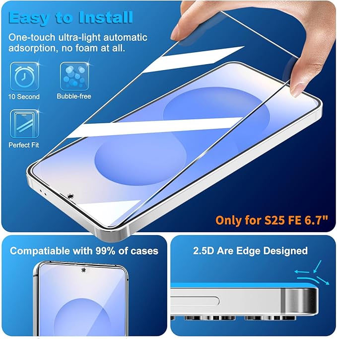 3 Pack for Samsung Galaxy S25 FE Screen Protector Tempered Glass + 3 Pack Camera Lens Protector, Military Grade Shatterproof, 9H Hardness, Fingerprint Unlock, Case Friendly 6.7 Inch