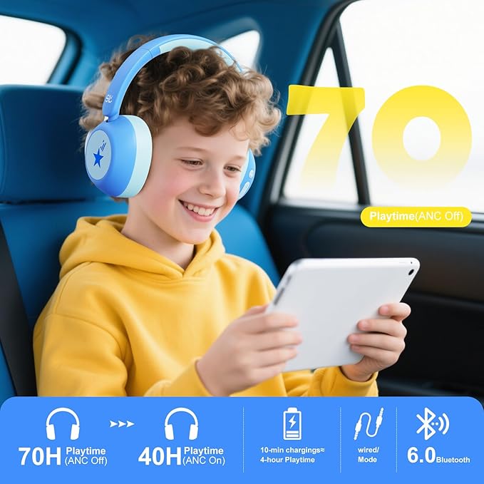 Steellumen Nova1Star Active Noise Cancelling Headphones for Kids, 70H Play Time,Bluetooth6.0,3-Level Volume 75/85/94dB,ANC Safe Wireless Listen, Fast Charging,with Mic,for School,Travel & Airplane