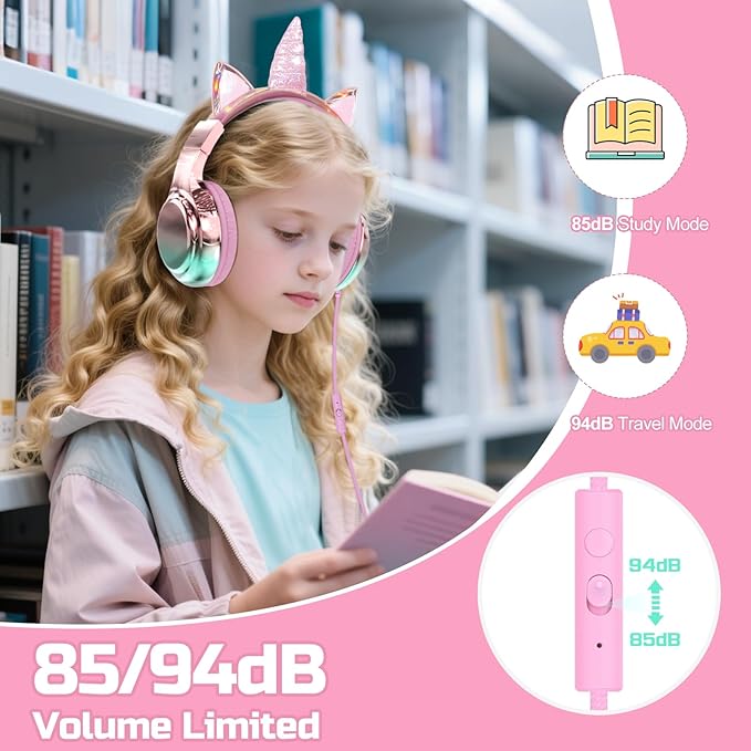 QearFun Kids Unicorn Headphones Wired with Mic, 85/94dB Safe Volume Limit, Sparkly Wired Headset, Foldable, Sharing Port & Tangle-Free Cord for School, Chromebook, Tablet, Travel, Boys & Girls