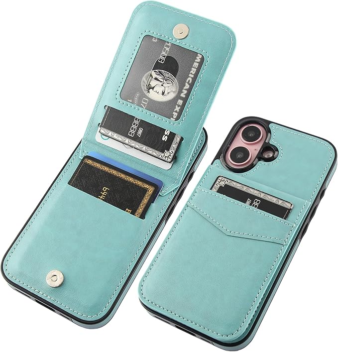 KIHUWEY Compatible with iPhone 16 Case Wallet with Credit Card Holder, Flip Premium Leather Magnetic Clasp Kickstand Heavy Duty Protective Cover for iPhone 16 6.1 Inch (Mint Green)