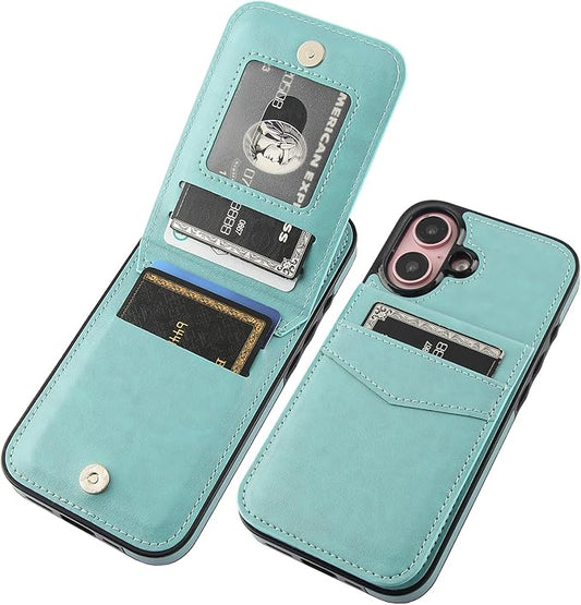 KIHUWEY Compatible with iPhone 16 Case Wallet with Credit Card Holder, Flip Premium Leather Magnetic Clasp Kickstand Heavy Duty Protective Cover for iPhone 16 6.1 Inch (Mint Green)