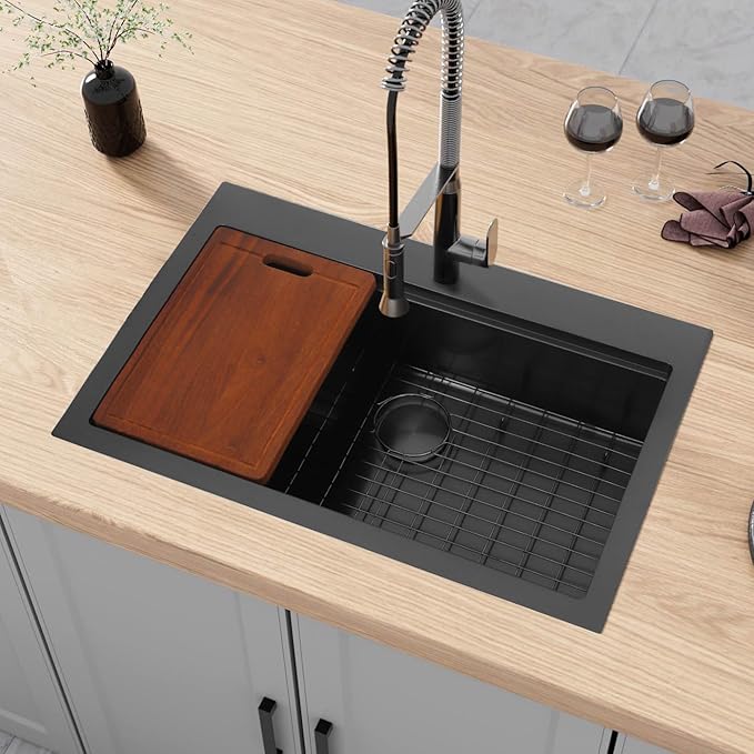 Drop In Black Kitchen Sink,Stainless Steel Sink 16 Gauge,Single Bowl Workstation Sinks (Black, 31" X 22")