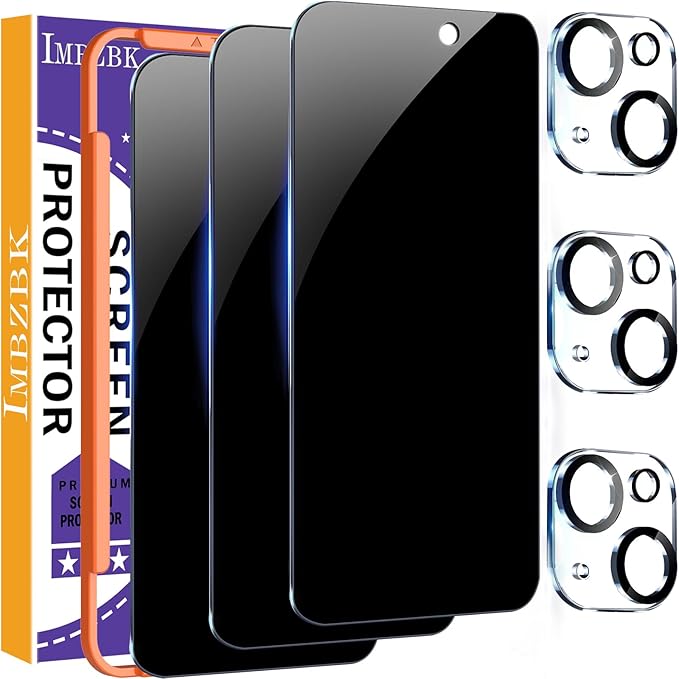 IMBZBK 3 Pack Privacy Screen Protector for iPhone 15 Plus Tempered Glass with 3 Camera Lens Protector, Accessories 9H Anti Spy for Apple 15 Plus, 2.5D Curved, Case Friendly, Transparent