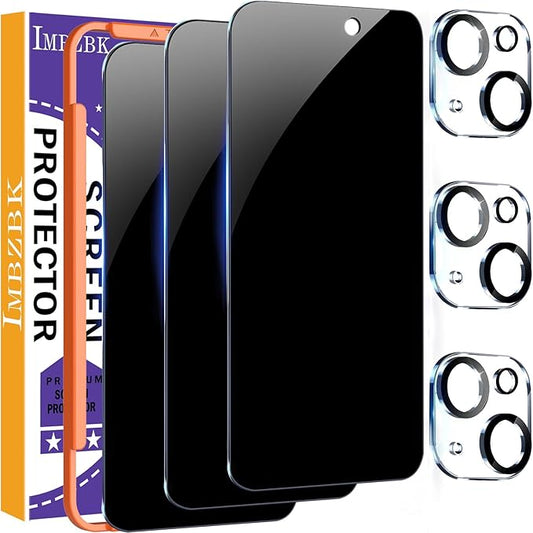 IMBZBK 3 Pack Privacy Screen Protector for iPhone 15 Plus Tempered Glass with 3 Camera Lens Protector, Accessories 9H Anti Spy for Apple 15 Plus, 2.5D Curved, Case Friendly, Transparent