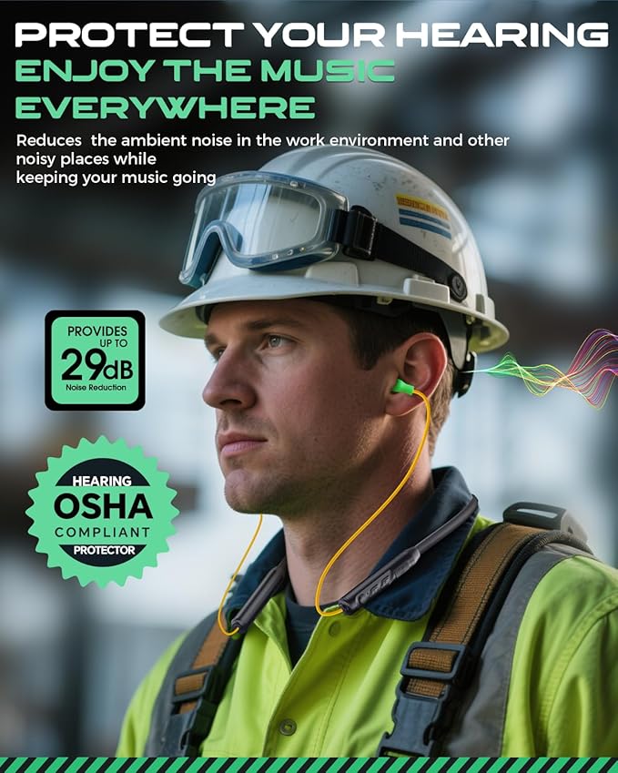 MIPEACE Bluetooth Earplug Headphones, Neckband Wireless Earbuds earplugs-29db Noise Reduction isolating in-Ear earplug Earphones and Controls,IPX5 sweatproof,19+Hour Battery(Yellow & Green)