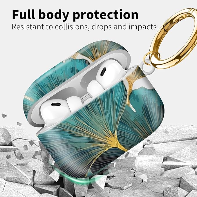 Compatible with Airpod pro 2nd/1st Generation Case Cover with Gold Round Keychain Cute Pattern Hard & Anti Slip Cover for Men Women & Girls（Green Lotus Leaf）