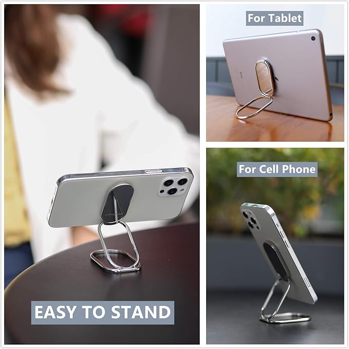 Phone Ring Holder Finger Kickstand 360°Rotation Cellphone Back Grip Foldable Cell Phone Stand for Desk Compatible with iPhone iPad Smartphones Tablets (Silver)