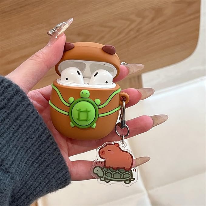 Wireless Charging Earphone Case Compatible with Airpods 4, Cute Animal Kapibala Design Soft Silicone Full Body Protective Skin Cover, Kids Girls Women Cartoon Earbuds Accessories with Pendant