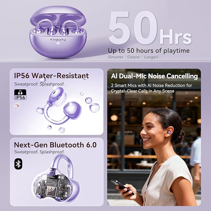 Kinglucky Upgraded Clip-On Earbuds Comfortable fit & Crystal-clear Sound, 50H Playtime Open Ear Buds Bluetooth 6.0 Wireless Headphones for Women Ideal for Small Ears, Sports & Workouts, Glasses Purple