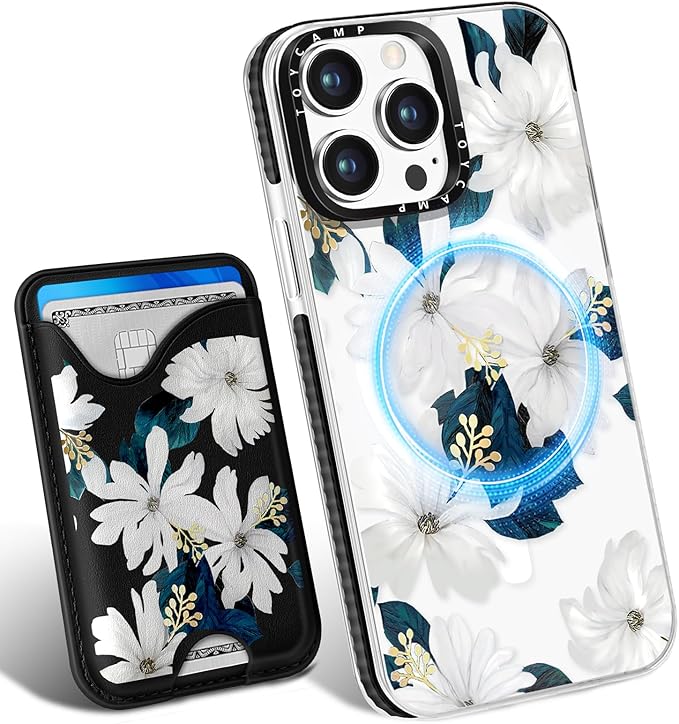 Toycamp for iPhone 13 Pro Max Case - Compatible with Magsafe Credit Card Holder Wallet Magnetic Cute Women Teen Girls Kawaii Girly Pretty Flower Floral Design Phone Cover for iPhone 13 Promax