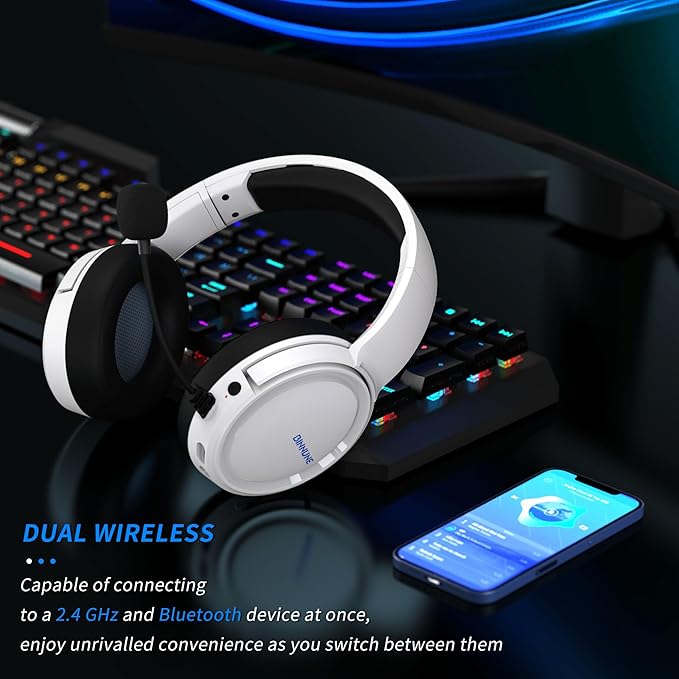 BINNUNE Wireless Gaming Headset — 2.4GHz Low-Latency USB Dongle + Bluetooth, 50mm Drivers 7.1 Surround, Noise-Cancelling Mic, 40H Battery — Over Ear Wireless Headphones for PS5, PC, Laptop, White