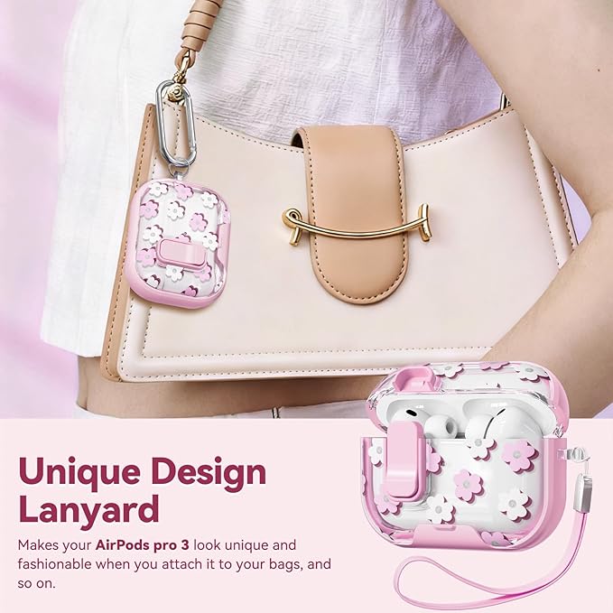 with Safety Lock for AirPods Pro 3 Case 2025,Clear Floral Cute Airpods Pro 3rd Generation Case with Phone Stand & Cleaner Kit for Apple AirPods Pro 3 for Women Girly-Pink Flower