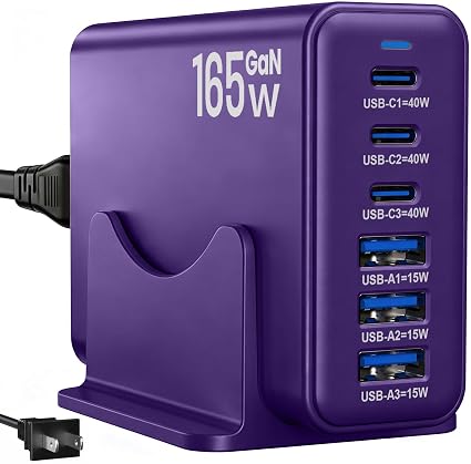 165W Charging Station, 6 Port Desktop Charger, 3 Ports 40W Purple