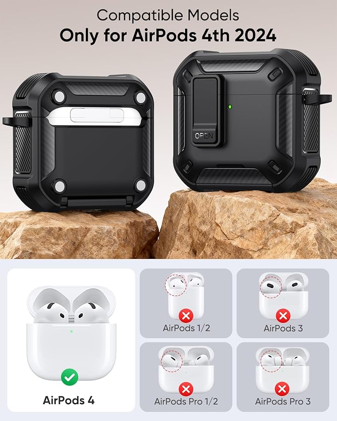 MoKo for AirPods 4 Case with Lock 2024 - Compatible with MagSafe, Phone Stand & Auto Pop-up for AirPods 4th Generation Case, Military-Grade Protective Cover with Cleaner Kit, Black