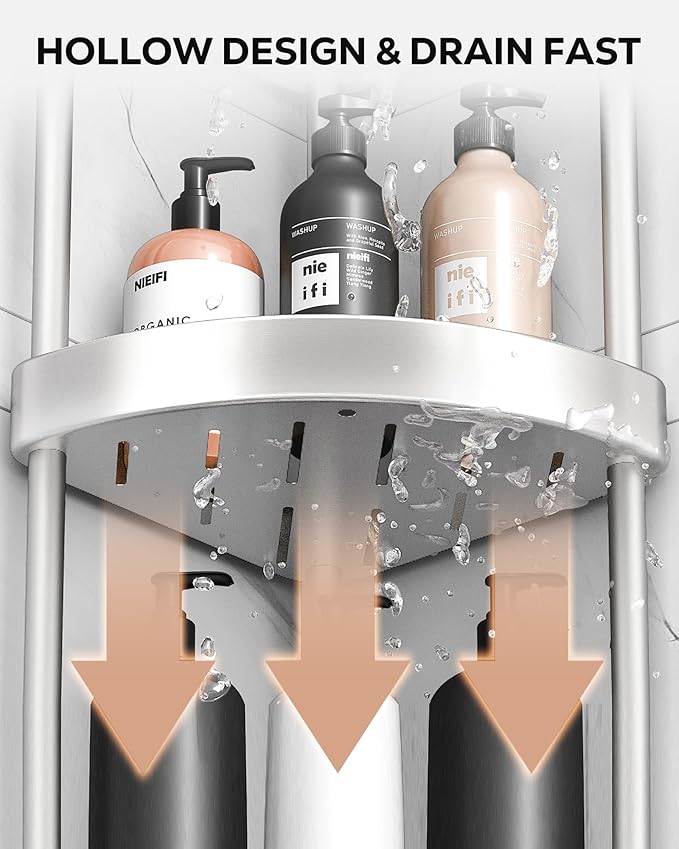 Nieifi Corner Shower Caddy Stand-4 Tier Rustproof Anodized Aluminum Standing Shower Organizer-Shower Caddy Corner-Dual Stability to Anti-Shaking-Height-Adjustable Legs for Uneven Surfaces-Silver