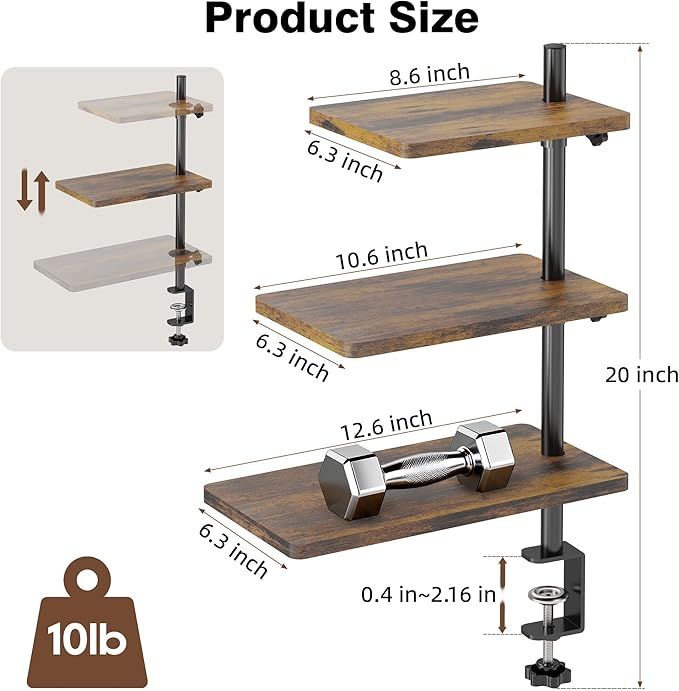 3 Tiers Clamp On Desk Shelf, 360¡ã Angle Adjustable Desktop Shelf Organizer for Home Office Gaming Room, No Drill Desk Extender Adapt to 0.4-2.16 inches Table Thick, Black Brown