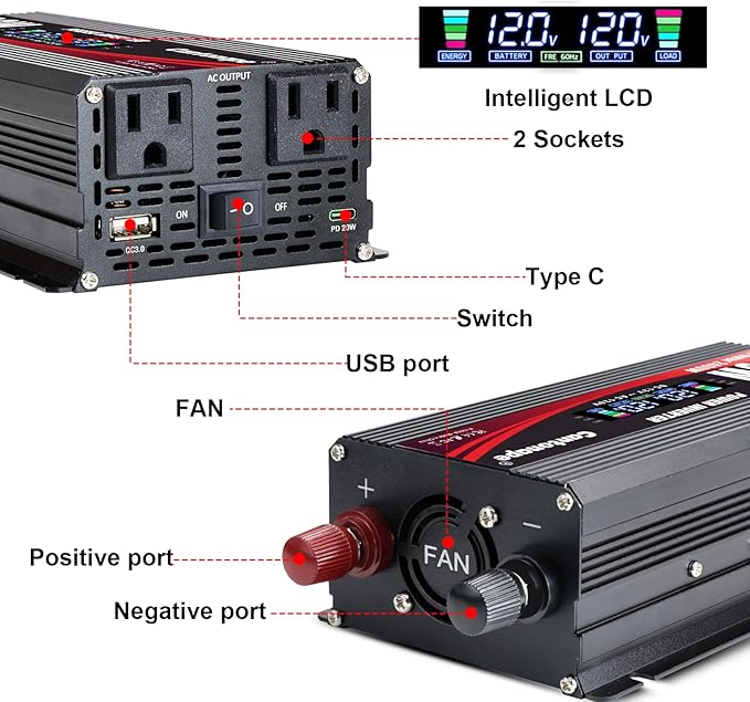 1000 Watt Power Inverter DC 12V to 110V/120V AC Car Inverter with LCD Display, 2 AC Outlets, 3.0A USB and 20W Type-C Car Charger for Vehicles Home Laptop Truck Black