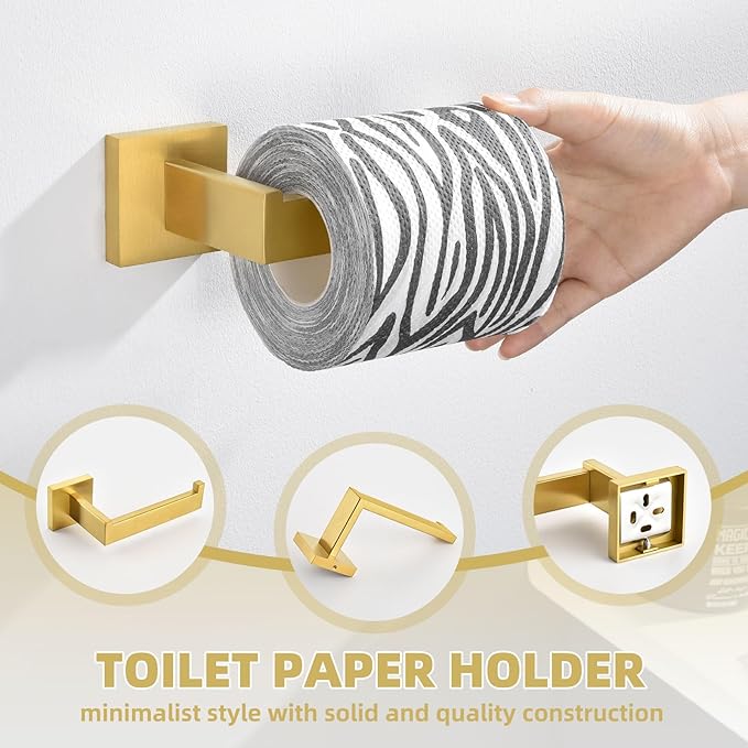 Bathroom Hardware Set 4-Piece, Angle Simple SUS304 Stainless Steel Bath Accessory Kit, Bathroom Fixture Set with Robe Hook, Toilet Paper Holder, Towel Holder and Towel Bar Brassy Gold