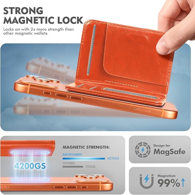 Antsturdy for Magsafe Wallet Stand with Holder,PU Leather RFID Blocking Card Holder,5 Card Slots,Strong Magnet Minimalist Flip Folio Kickstand for iPhone 17/16/15/14/13/12/Pro/Max/Plus/Air,Orange