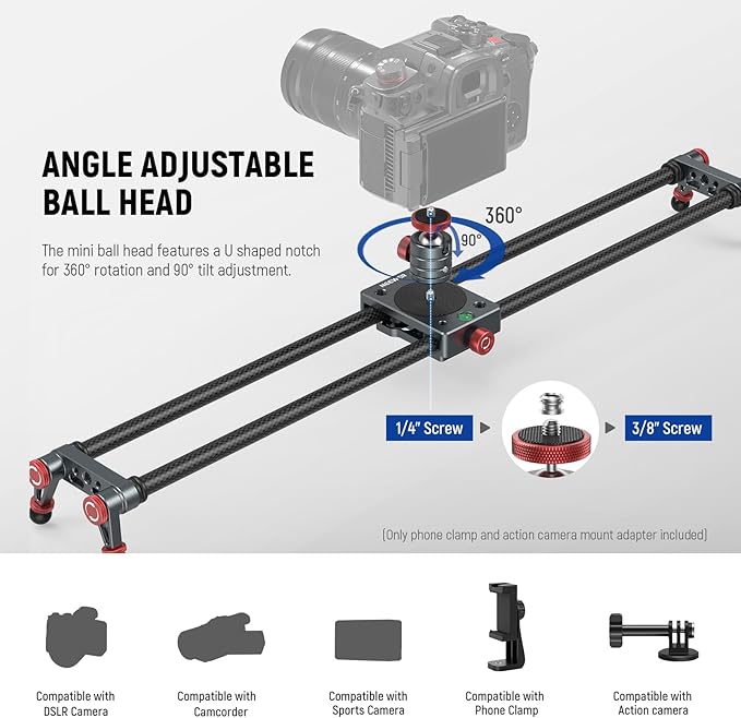 NEEWER 24in/60cm Carbon Fiber Camera Slider with 360° Ball Head/Phone Clamp/Action Camera Mount, Dolly Rail Track with 4 Bearings & Adjustable Legs, Compatible with GoPro Insta360 iPhone Android, CS2M