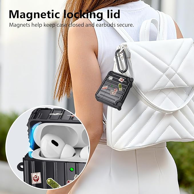 KOREDA Compatible with AirPods Pro 3 Case Cover, Cute Funny Suitcase Design Case for AirPods Pro 3rd Generation, Fashion Protective Hard Case for Women Men with Keychain and Cleaner Kit (Black)