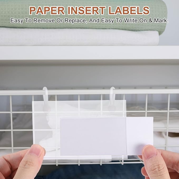 PATIKIL 3.1" x 2.2" Basket Labels Holders, 30 Pack Reusable Plastic Wire Shelf Label Holder Tag Display Clip with Button Lock with Paper Inserts Pens for Home Market Store, Clear