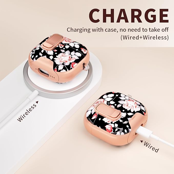 for AirPods 4 Case with Secure Lock Clip in Phone Stand,Floral Girly Style Protective Cover with Cleaning Kit and Hand Strap for Apple AirPod 4 Generation (Rose Petals)