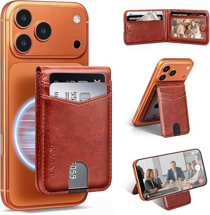 Compatible with Magsafe Case with Card Holder for Men Women Magnetic Ultra-Thin Wallet Bracket Adjustable Bracket for iPhone 17/16/15/14/13/12 Pro/Pro Max/PlusSeries,Brown