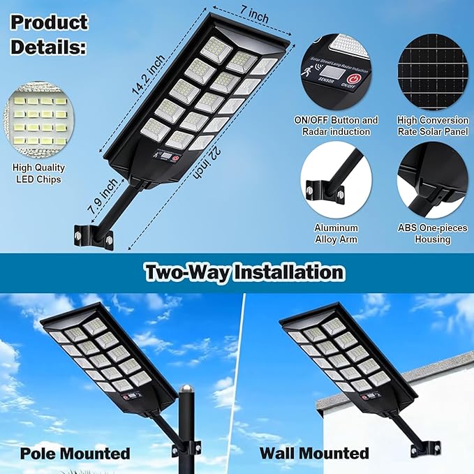 Jercoda Solar Street Lights Outdoor 4 Pack, 6500K LED Flood Lights with Motion Sensor, Dusk to Dawn Security Lights with Remote Control, Waterproof Solar Powered Lighting for Garden Yard Parking Lot